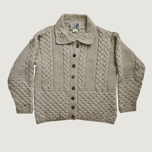 100% Merino Wool Cardigan Sweater Women Irish Aran Cable Knit Ireland Cozy